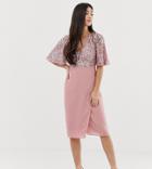 Maya Petite Sequin Top Midi Pencil Dress With Flutter Sleeve Detail In Vintage Rose - Pink