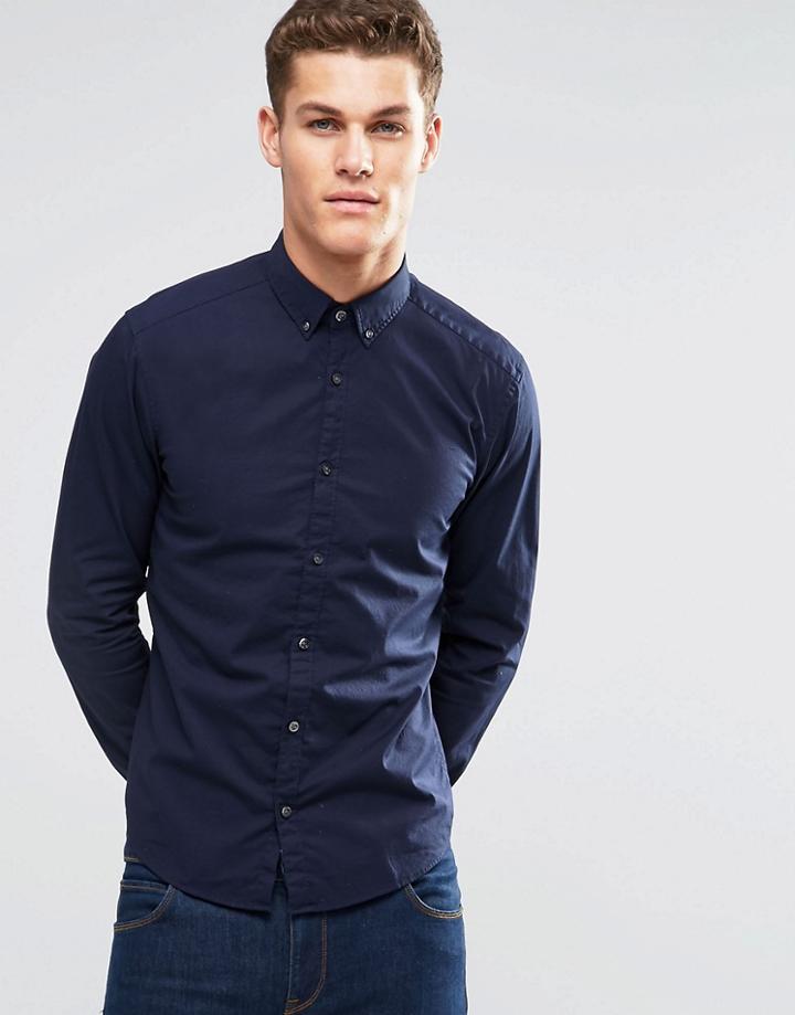 Esprit Cotton Shirt In Slim Fit With Stretch - Navy