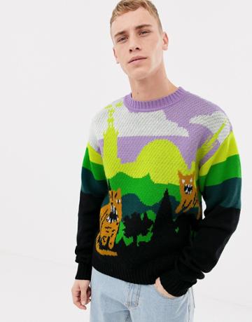 Tiger Of Sweden Jeans Regular Fit Jaquard Wool Tiger Print Sweater In Multi - Multi