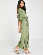 Asos Design Cowl Neck Midi Dress With Wrap Skirt In Khaki-green