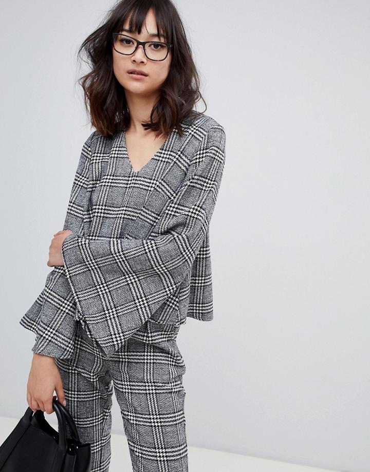 Unique 21 Check V Neck Bell Sleeve Top - Gray