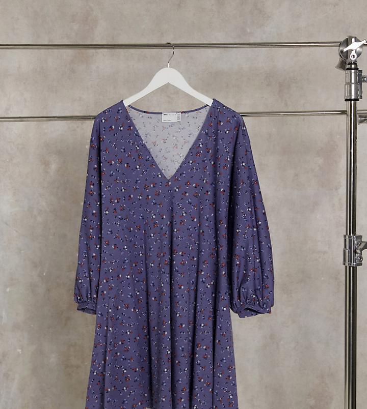 Asos Design Curve Mini V Neck Swing Dress In Blue Ditsy Floral-grey