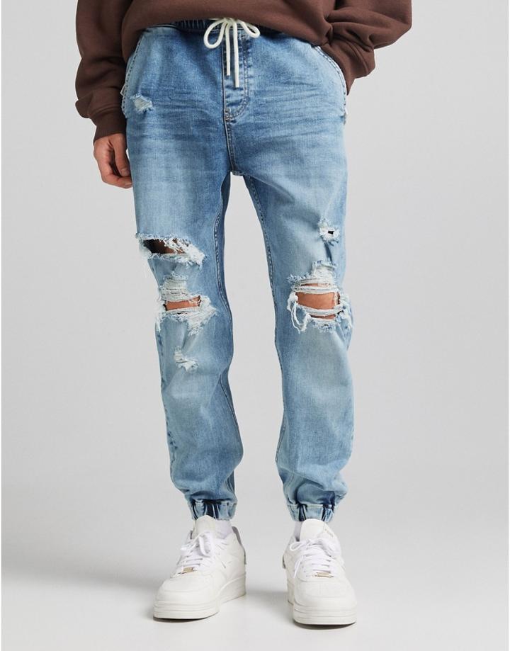 Bershka Tapered Jeans In Mid Blue-blues