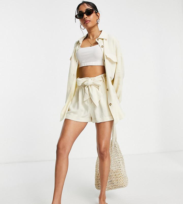 Asos Design Petite Linen Suit Shacket In Cream-white