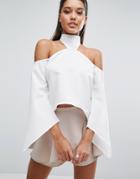 Parallel Lines Cold Shoulder Top With Choker Detail - White