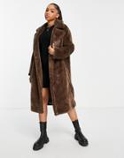 Pull & Bear Faux Fur Extra Long Collared Coat In Brown