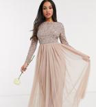 Maya Petite Bridesmaid Long Sleeve V Back Maxi Tulle Dress With Tonal Delicate Sequin In Taupe Blush-brown