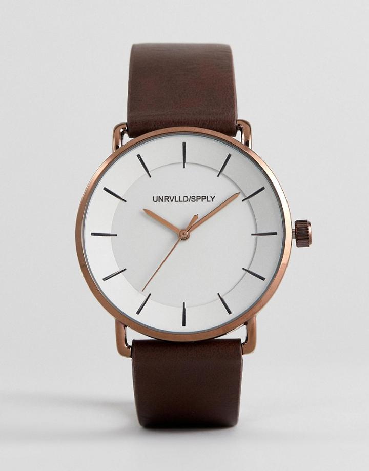 Asos Design Watch In Brown With Brushed Copper Highlights - Brown