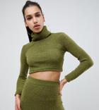 Missguided Roll Neck Crop Sweater Two-piece In Khaki - Green