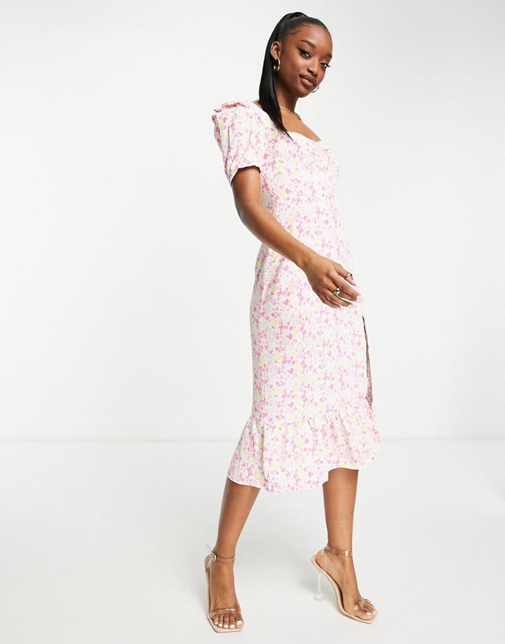 Collective The Label Puff Sleeve Slit Midi Dress In Ditsy Floral-multi