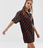 One Above Another Relaxed Shirt Dress In Flaming Hearts Print Satin-black