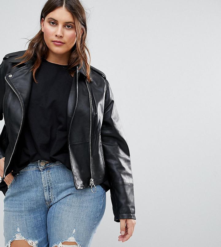 Asos Curve Leather Jacket With Ring Pull Details - Black
