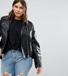 Asos Curve Leather Jacket With Ring Pull Details - Black