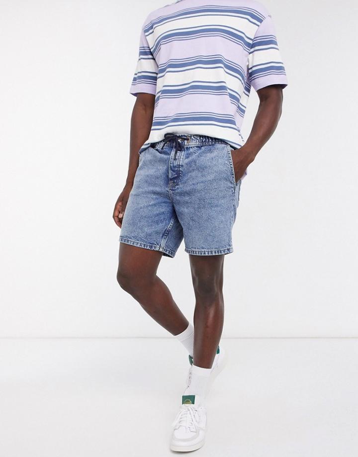 Topman Loose Fit Denim Shorts In Blue-blues