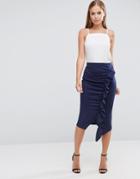 Asos Longer Length Scuba Pencil Skirt With Ruffle Detail - Blue