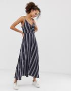 Brave Soul Kelly Stripe Maxi Dress With Tie Front Detail-navy