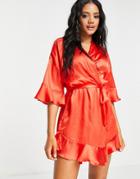 Brave Soul Flounce Satin Kimono Robe In Red