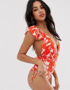 Asos Design Ruffle Plunge Swimsuit In Flamenco Floral Stripe Print - Red