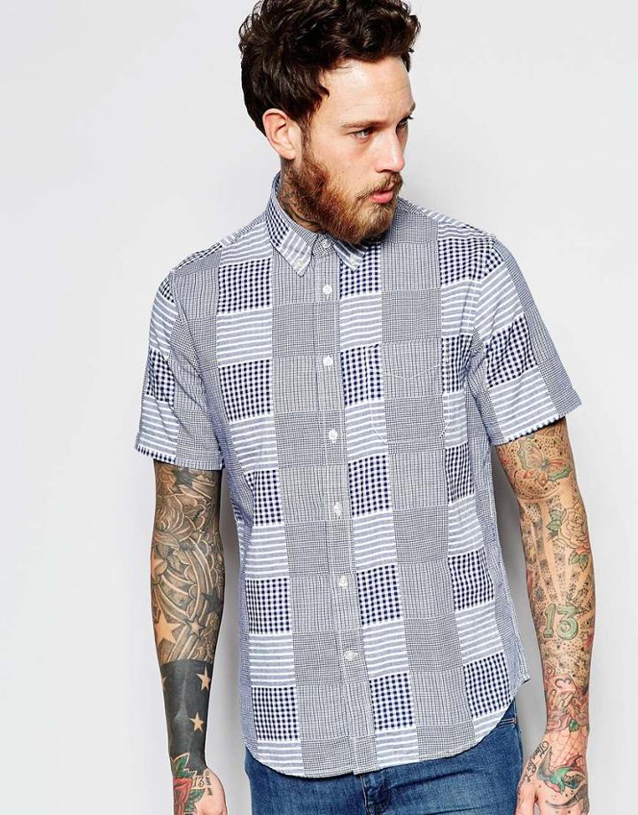Edwin Standard Short Sleeve Regular Fit Shirt Patchwork Woven Double Cloth In Blue - Blue