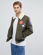 Asos Bomber Jacket With Badges And Fleece Collar In Khaki - Green