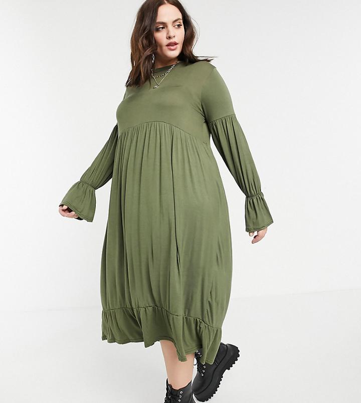Yours Fluted Sleeve Tiered Maxi Dress In Khaki-green