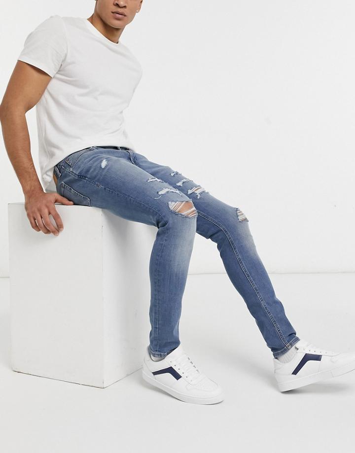 Jack & Jones Intelligence Liam Skinny Jeans With Rips In Blue-blues