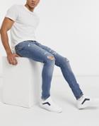 Jack & Jones Intelligence Liam Skinny Jeans With Rips In Blue-blues