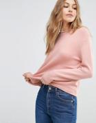 Asos Cropped Sweater With Rolled Edge Detail In Fluffy Yarn - Pink