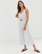 Asos Design Stripe Print V Neck Belted Jumpsuit-multi