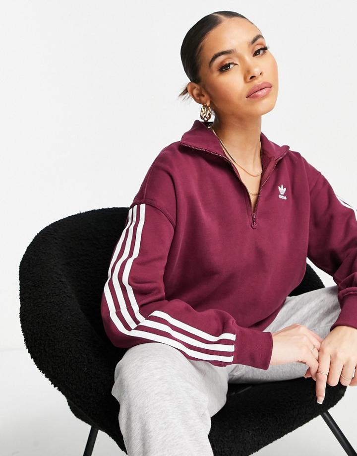 Adidas Originals Adicolor Three Stripe Quarter Zip Sweatshirt In Crimson-red