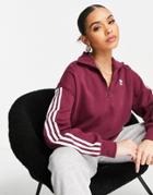 Adidas Originals Adicolor Three Stripe Quarter Zip Sweatshirt In Crimson-red
