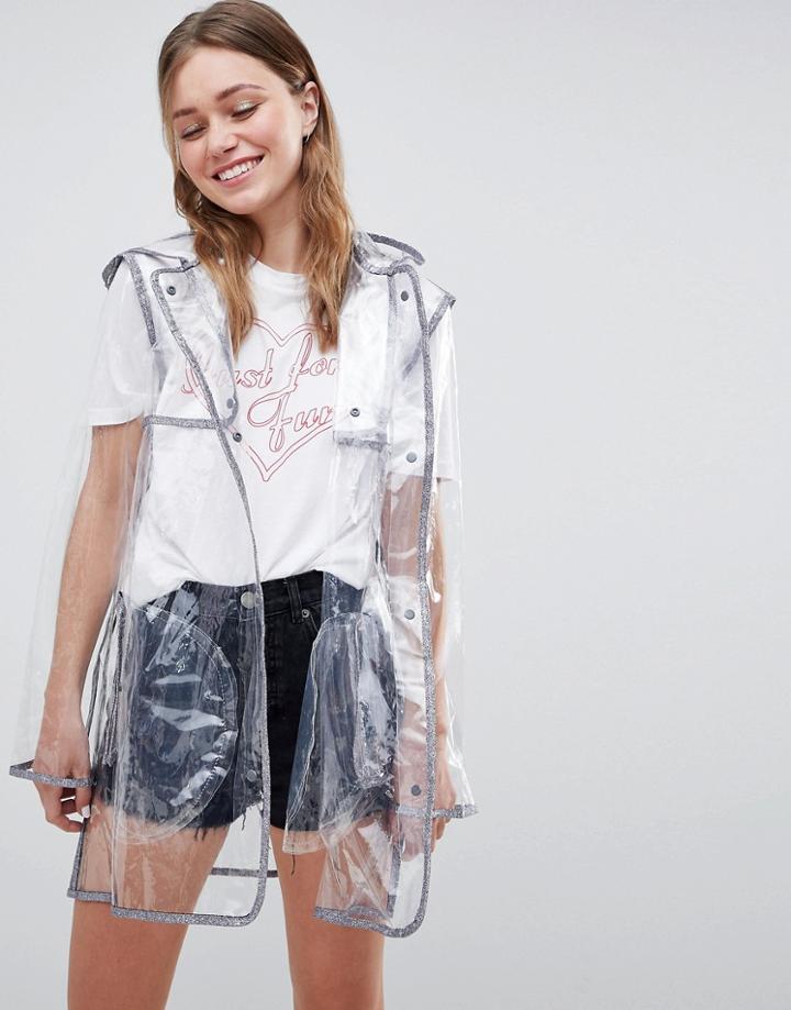 Brave Soul Everley Clear Rain Trench With Glitter Binding - Gray