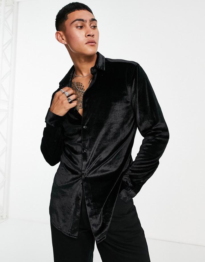 Asos Design Skinny Velvet Shirt In Black