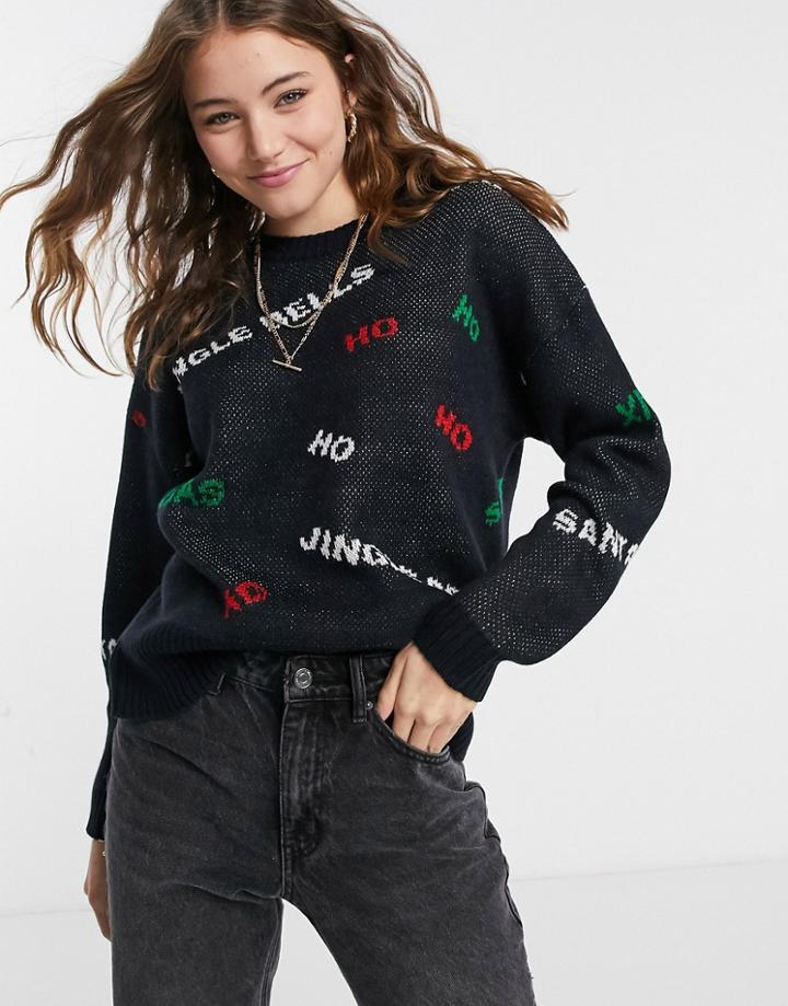 Asos Design Christmas Oversized Sweater With Multi Slogan In Black