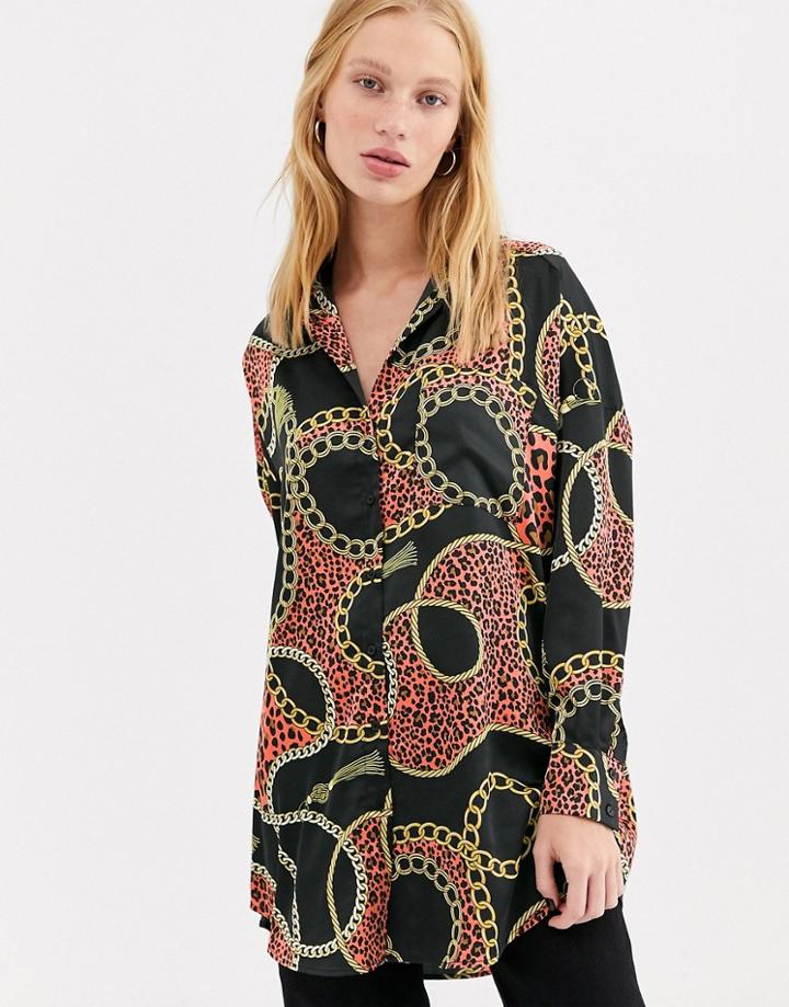 Monki Chain Print Oversized Longline Satin Blouse In Black