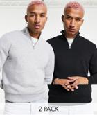 Asos Design Half Zip Sweatshirt 2 Pack In Black/gray Heather-multi