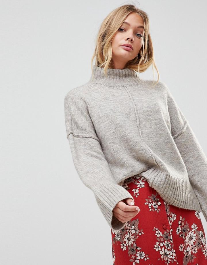 Only Babylou Wool Blend High Neck Knit Sweater - Gray