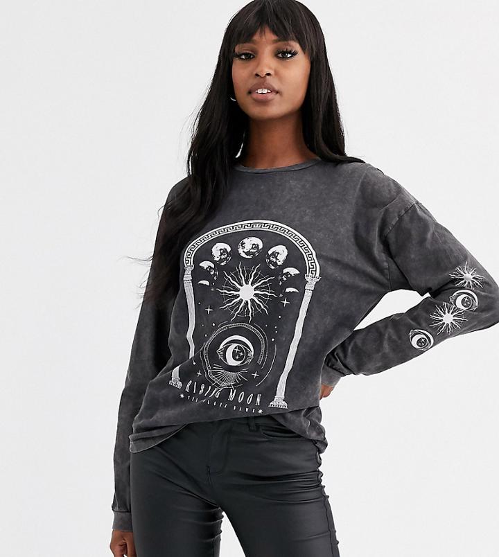 Asos Design Curve T-shirt With Long Sleeve And Solstice Print With Wash-gray