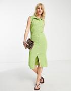 Fashionkilla Ribbed Button Up Midi Dress In Lime-green