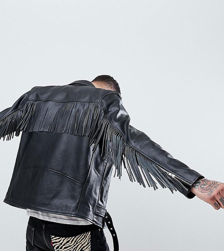 Reclaimed Vintage Revived Fringed Leather Biker Jacket - Black