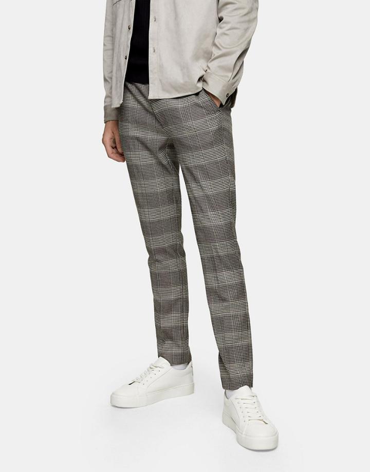 Topman Stretch Skinny Pants In Neutral Check-black