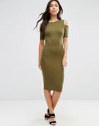 Asos Cold Shoulder Bodycon Dress In Rib - Green