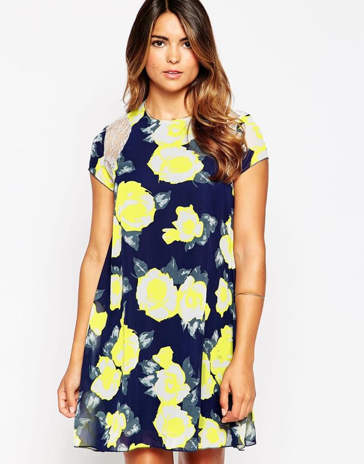Ax Paris Shift Dress With Lace Insert - Navy