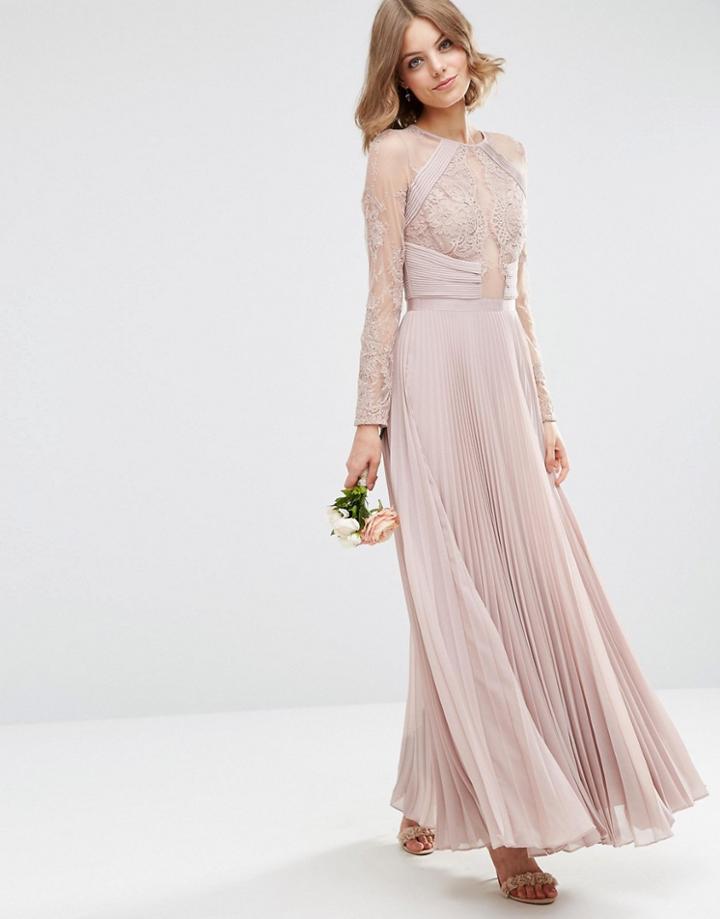 Asos Wedding Pretty Lace Eyelash Pleated Maxi Dress - Beige