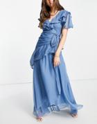 Asos Design Drape Detail Maxi Dress In Textured Chiffon With Tie Detail-blues