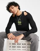 Asos Design Skinny Long Sleeve T-shirt In Black With Cut Outs And Embroidery