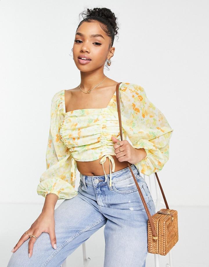 Miss Selfridge Chiffon Crop Top In Blurred Floral-multi