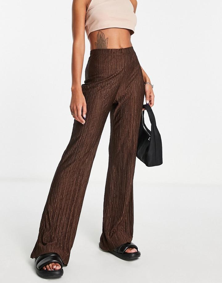 Topshop Beach Textured Plisse Straight Leg Pants In Chocolate-brown