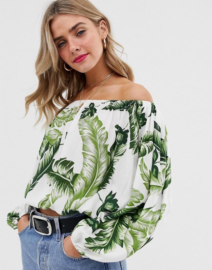 Asos Design Off Shoulder Top In Leaf Print-multi