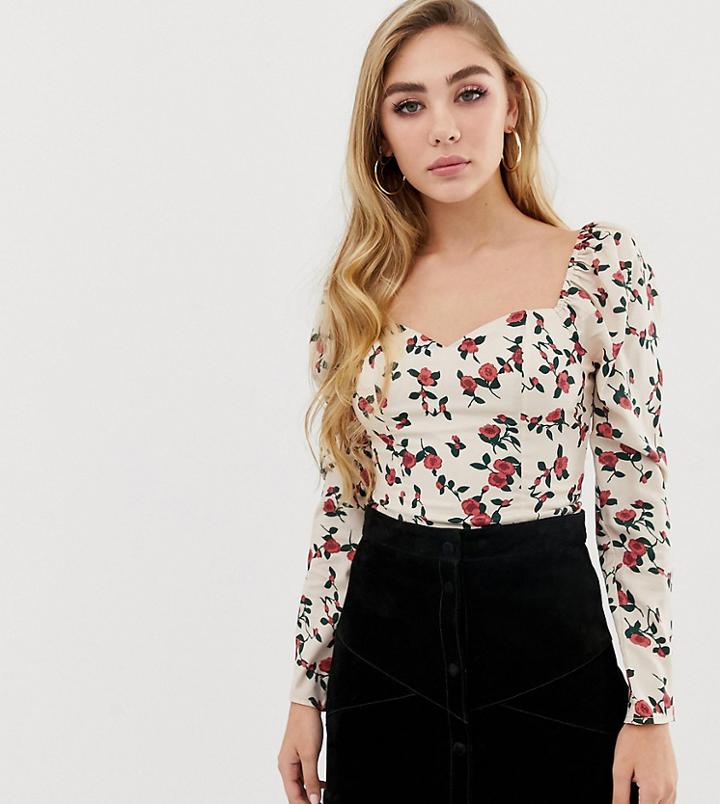 Fashion Union Square Neck Long Sleeved Top In Floral - Cream